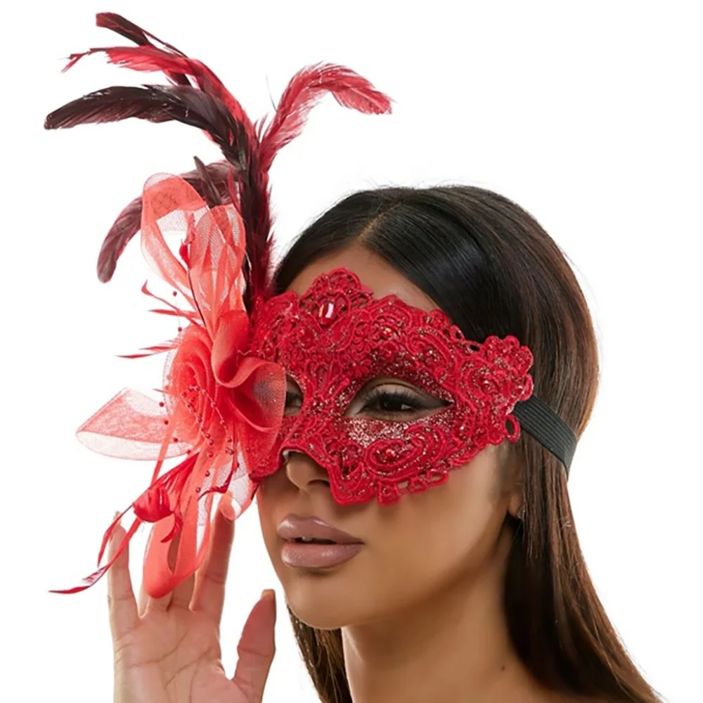 Red Elegant Flower Feather Lace Half Face Mask Masquerade Headpiece EyeMask